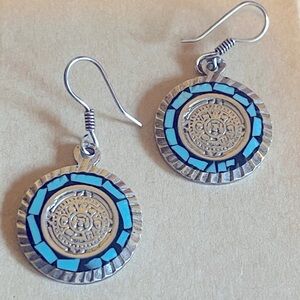 Sterling Silver Aztec Calendar Turquoise Inlay Earrings
